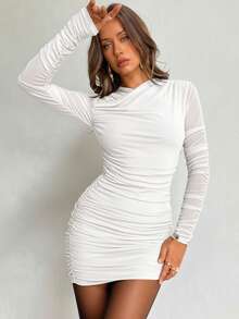 Aloruh Vestido largo de manga larga con pliegues cruzados de unicolor para otoño - Blanco - Ver 4