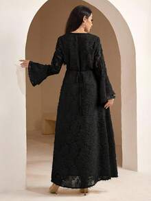 Veilorie Women's Elegant Solid Color Flare Sleeve Dress, Autumn Long Dress With Sleeves - Black - View 2