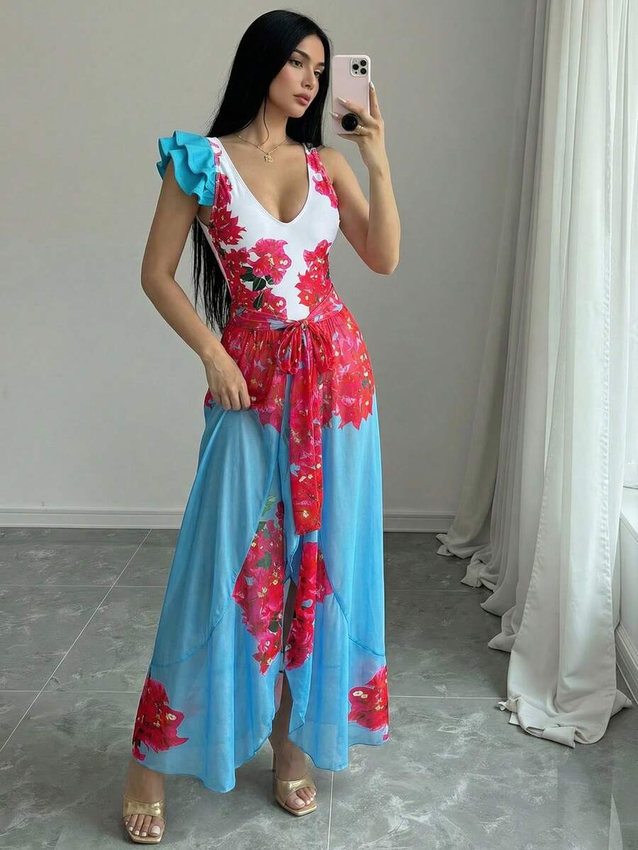 Swim Oasis 2件套优雅性感露背花卉荷叶边无袖连体泳衣及沙滩裙，秋冬季女士沙滩套装泳装带罩衫泳池服，女士泳衣，女士端庄泳装带罩衫沙滩套装，女士裙装夏威夷风情女士泳装套装 - 彩色 - 查看 1