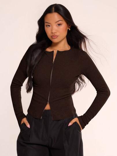 MUSERA Zip Through Crew Neck Long Sleeve Top Casual Vacation Airport Holiday Cute Back To School Winter Elegant