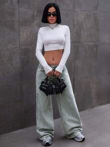 EURMUSE LOW RISE WIDELEG JEAN WITH BOW DETAILS Y2k - Light Wash - View 4