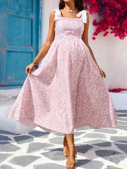 SHEIN Maternity Summer Vacation Floral Print Tie Shoulder Cinched Waist Dress