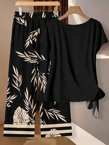 EMERY ROSE Women's Leaf Print Tie Front Blouse And Relaxed Straight Leg Pants 2 Pieces Set Cute Black Tops Black Summer Tops - Multicolor - View 3