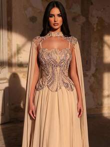 Glamrae Đầm maxi tay xòe sang trọng, đính cườm và sequin, chất liệu chiffon, thích hợp cho đám cưới, tiệc tùng, kỳ nghỉ, dạ hội và các dịp trang trọng (được trang trí cầu kỳ). - Rượu sâm banh - Xem 5