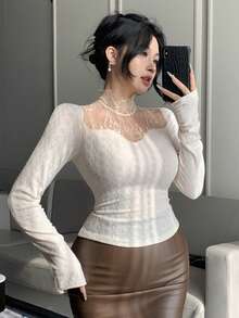 DAZY Áo trắng mùa xuân hè với họa tiết hoa lá, hoa nhí khắp thân áo, kiểu dáng thường ngày, phong cách nghỉ dưỡng, viền ren, tay dài dành cho nữ, phong cách Y2K. - trắng - Xem 2