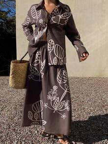 DAZY Women's Casual Floral Print Shirt And Skirt 2-Piece Set, Spring/Summer Vacation - Brown - View 7