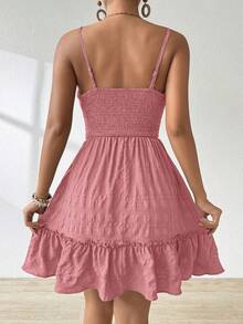 Chiquease Đầm hai dây họa tiết kẻ caro xếp ly, thắt nơ phía trước, trang trí hoa văn, viền bèo nhún, kiểu dáng thường ngày cho kỳ nghỉ. - Bụi hồng - Xem 4