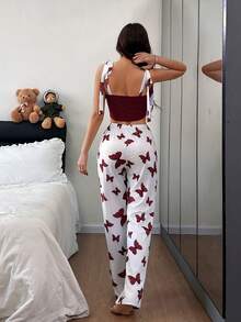 Dream Adore Conjunto de pijama con camiseta sin hombros con lazo y estampado de mariposas - Rojo y blanco - Ver 2