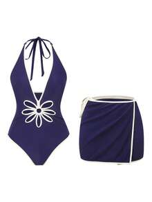 Swim Oasis 海军蓝白撞色V领镂空挂脖泳衣+腰带裙比基尼优雅套装，夏季 - 藏蓝色 - 查看 4