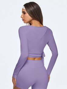 Eassivo Eassivo Women's Purple Wrap V Neck Long Sleeve Crop Top,Stretchy Yoga Outfits, Pink Gym Activewear,Light Pink Top,Women's Casual Sports Tie-Up Long Sleeve T-Shirt - Purple - View 2