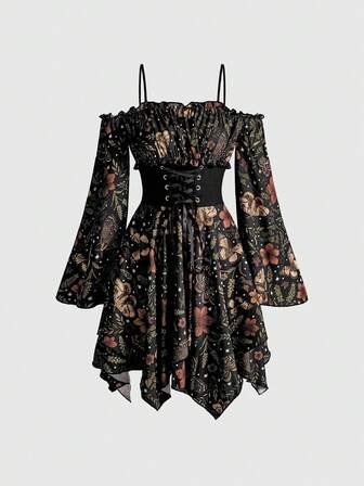 Fairycore Robe mini à épaules dénudées avec imprimé floral de feuilles d'automne, de forêt et de plantes, style hippie