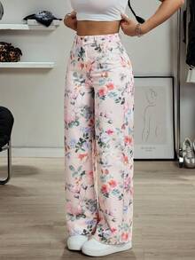 Jeanoix 花卉印花斜插口袋休闲百搭阔腿牛仔裤 - 粉色 - 查看 3