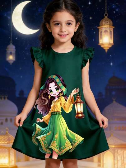 Young Girl's Elegant Princess Style Puff Sleeve A-Line Dress, Cartoon Character Print Dress, Suitable For Parties, Fashionable Casual Wear, Spring/Summer Street Style, Outdoor Leisure, Holiday Outfit  Grenn Dress For Girl
