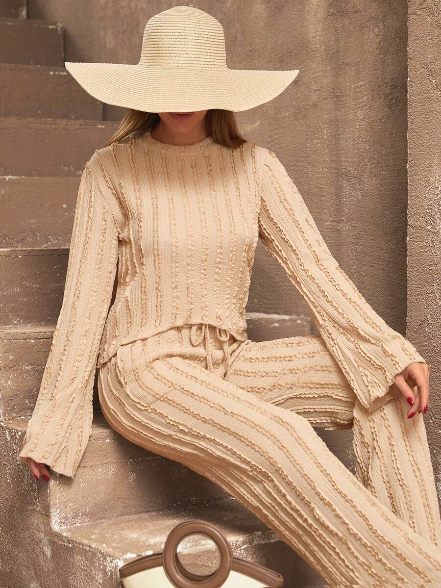 EURMUSE Long Sleeve Crop Top & Drawstring Wide-Leg Pants, Casual And Comfortable Two Pieces Outfit - Beige - View 1