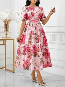 SHEIN Lady Women's Elegant Floral Print Round Neck Waist Cinched Midi Dress, Summer - Multicolor - View 4