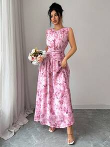 Modelyn Đầm voan nữ mùa hè in hình bướm, cổ tròn, xếp ly, không tay. - Hồng - Xem 6