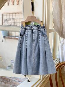 Tween Girl Versatile Blue Denim Long Pleated Skirt, Suitable Everyday Wear, Streetwear And Back To School, Casual Denim Pleated Skirt, Frayed Hem Waist - Blue - View 8