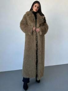 Firerie 女士加厚宽松超大款西装外套，带人造毛领，有内衬，奢华复古超长款大衣，杏色长袖毛绒外套，杏色人造毛大衣，适合婚礼、派对、假日装扮、春秋冬装、优雅场合、通勤、约会、派对、毕业典礼、演出、工作场合。 - 卡其色 - 查看 7