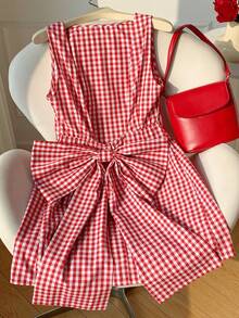 Comfortcana 女士格子蝴蝶结装饰迷你连衣裙
