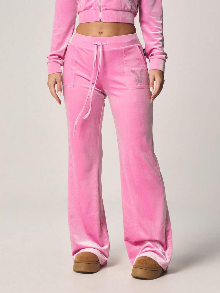 Missguided x Playboy Velour Drawstring Flare Sweatpants With Rhinestone Text Detail For Casual Comfort And Style