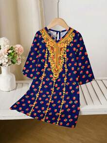 SHEIN Vestido de niña bebé, elegante y vintage, con estampado distintivo de rosa burdeos y encaje dorado, adecuado para primavera/verano, fiestas, celebraciones, princesa, dama elegante, vestido suelto de manga larga y cuello en V, adecuado para festivales, uso diario, salidas y días festivos - Multicolor - Ver 2