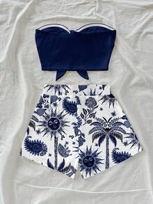 Soleia 女士海岛度假椰树太阳神腰果花印花两件套，适合度假、夏季，时尚别致 - 彩色 - 查看 2