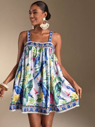 SHEIN Veneréa Summer Vacation Beach Loose Floral Ruffle Peplum Dress For Women