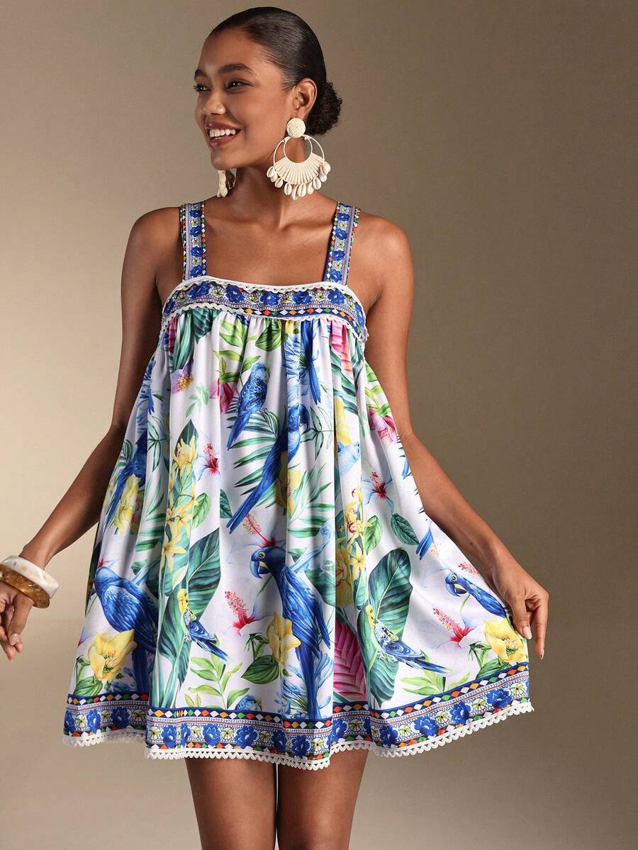 SHEIN Veneréa Summer Vacation Beach Loose Floral Ruffle Peplum Dress For Women