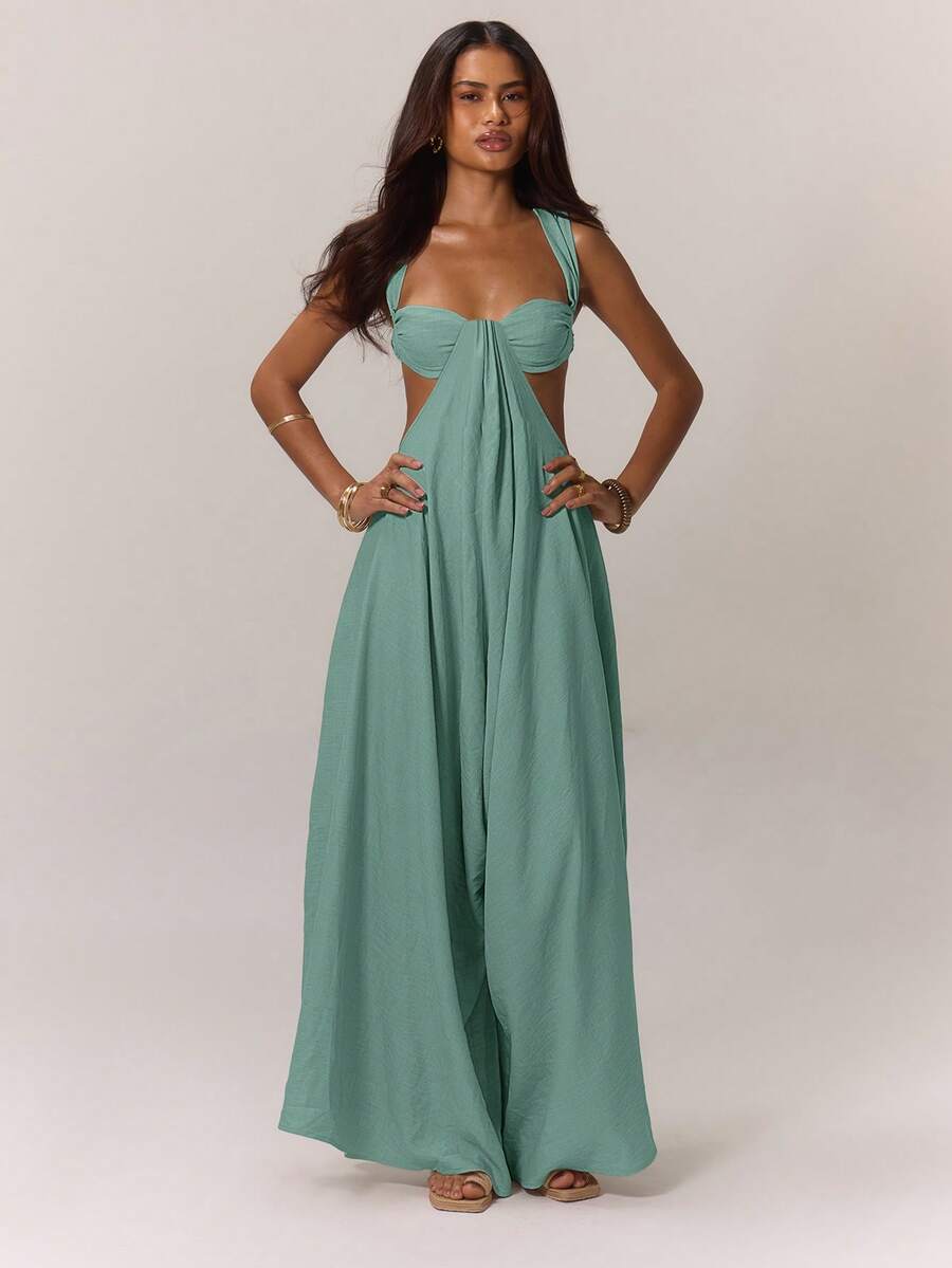 MUSERA Bộ jumpsuit ống rộng xếp ly ở phần ngực, phong cách boho, thích hợp cho kỳ nghỉ hè, dự tiệc cưới, hẹn hò kiểu miền Tây, thanh lịch. - màu xanh lá - Xem 1