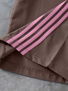 Quần dài ống rộng cho bé gái tuổi teen - Màu nâu sô cô la với sọc hồng, thắt lưng dây rút thắt nơ trang trí, quần thoải mái và rộng rãi phù hợp cho trẻ lớn hơn, quần sọc bên hông thời trang thường ngày, chất vải thoải mái, quần dài mặc hàng ngày cho bé gái tuổi teen - màu nâu - Xem 4