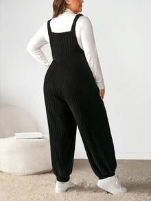 Enliva 大码灰色弹力羊毛罗纹针织背带裤，秋冬款 - 黑色 - 查看 2