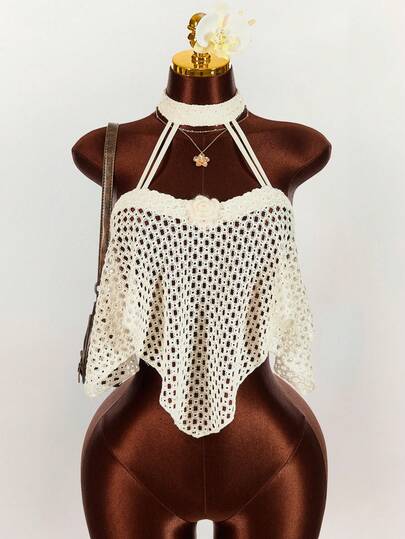 Amplova Women's Summer Vacation Hollow Floral Decor Halter Neck Camisole Summer Tops  Spring Clothing Spring Break Outfits Beach Outfits For Women Summer Holiday Outfits Casual Outfit For Women