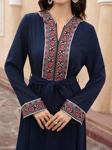 Al Najma Women's Notched Neck Belted Applique Elegant Long Sleeve Arabic Dress - Navy Blue - View 6