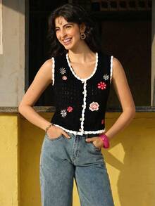 Felipe Marques Women's Floral Embroidery Sleeveless Cardigan, Waist Cinched, Casual Bohemian Style, Suitable For Autumn, Winter, Spring - Black - View 3