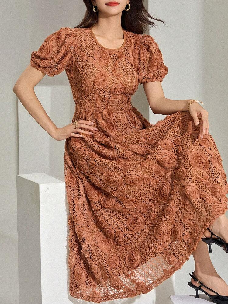 Women's Elegant Short Sleeve Mid-Length Dress With Applique Summer Sundress