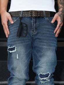 Manfinity Roughcore Quần jeans nam màu xanh nhạt bạc màu, dáng ôm, phong cách đường phố, quần jeans rách, quần jeans nam ống rộng, quần jeans nam bó sát, quần jeans nam bạc màu. - Rửa trung bình - Xem 7