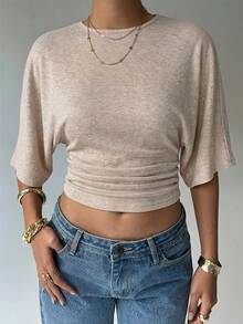 Aloruh Camiseta casual de mujer de unicolor con cuello redondo, mangas de murciélago y pliegues, acortada, para primavera/verano - Albaricoque - Ver 3