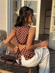 Siren Gaze 女士休闲波点印花露背系带吊带背心，夏季 - 棕色 - 查看 2