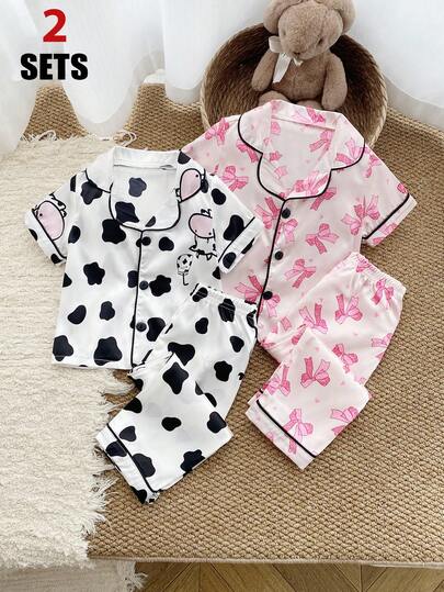 4件套女婴奶牛印花蝴蝶结装饰仿丝绸睡衣套装，短袖上衣和裤子