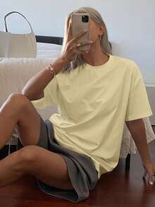 Livesso Solid Color Round Neck Loose Long Short Sleeve T-Shirt For Women - Yellow - View 4