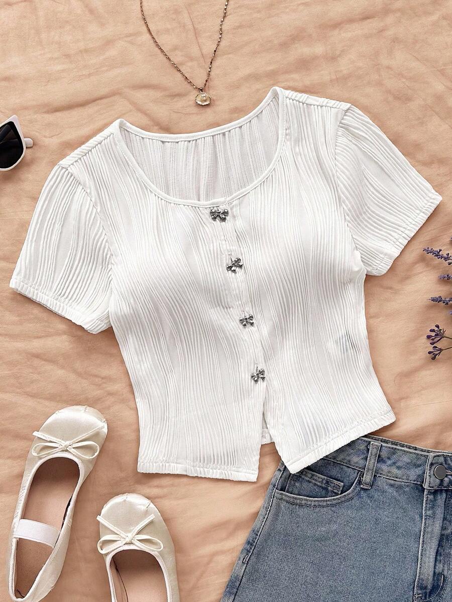 Soleia 女士度假针织红色波浪纹理圆领开衫，搭配精致蝴蝶结、金属纽扣、开衩下摆修身 T 恤，适合派对、情人节、农历新年、复活节、狂欢节、下午茶 - 杏色 - 查看 1