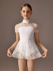 少女运动紧身衣，适合芭蕾舞、返校、校园锻炼、训练、比赛和休闲穿着。时尚弹力网眼长袖设计，舒适有弹性，是理想的舞蹈运动服。 - 白色 - 查看 3