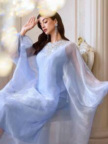 Al Najma Đầm maxi dài kiểu Thổ Nhĩ Kỳ cổ điển màu xanh nhạt dành cho nữ, áo choàng dài truyền thống Ả Rập. - Màu xanh lam - Xem 5