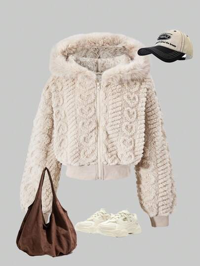 1pc Girls' Fashionable Hooded Jacket, Black Heart Jacquard Double-Sided Fleece Long Sleeve Zip-Up Hoodie With Fur Trim, Short Cropped Outerwear Suitable For Indoor, Outdoor, Party, Sports, Commute, Spring, Autumn, Winter