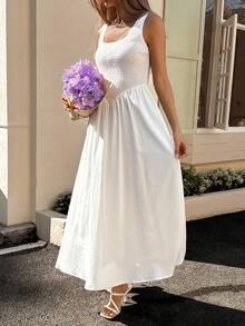 DAZY 女士方领收腰中长连衣裙，度假款 - 白色 - 查看 4