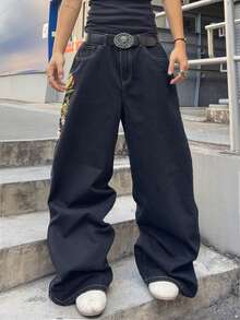 ROMWE MEN Spring Casual Graphic Men'S Floral Embroidered Pocket Wide Leg Loose Casual Jeans - Black - View 3