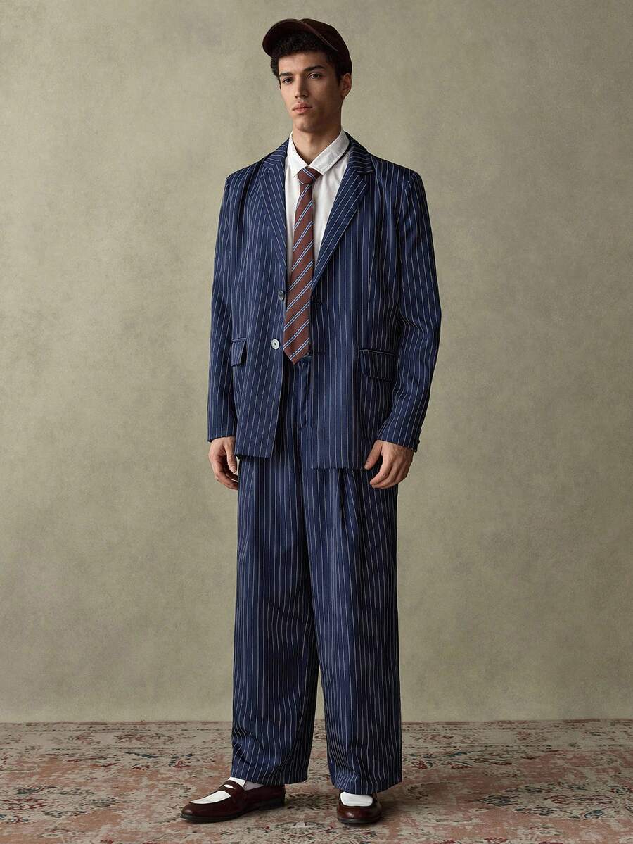 SWAVVY 男士商务通勤条纹平驳领西装外套和裤子套装 - 藏蓝色 - 查看 1