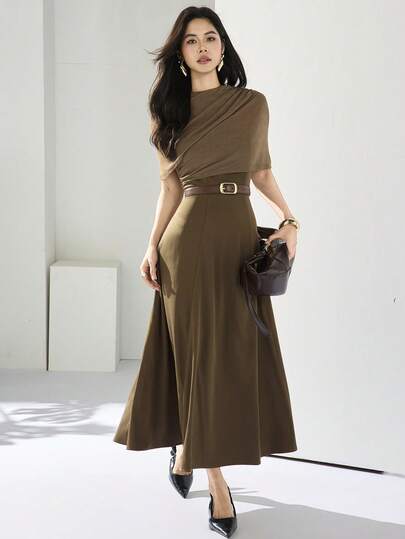 Heiryn Women's Summer Fashion Urban Commute Minimalist Solid Color Draped Waist Midi Dress, Belt Not Included Elegant Long Dress Brown Long Dress