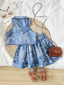 Playful Pals 2pcs/Set Girls Casual Floral Embroidery Print Vest Top And Pleated Skirt Set, Fashionable Outfit For Spring/Summer Occasions Like Outings, Travel, Parties, Daily Wear - Blue - View 2