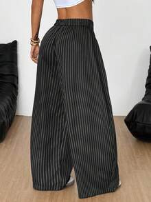 Coolane Women's  Plus Size Summer Going Out Outfit Casual Streetwear Striped Mid Rise Wide Leg Elastic Waistband Pants Oversized Inclusive Sizing Pant - Black - View 6